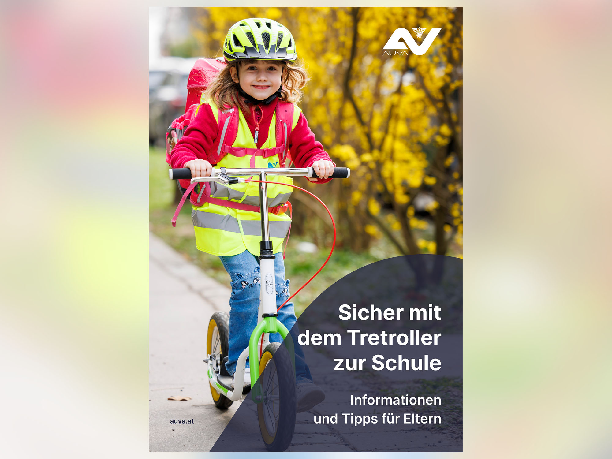 Cover der AUVA-Broschüre "Sicher mit dem Tretroller zur Schule"